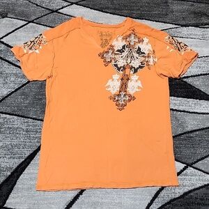 VINTAGE ARCHAIC BY AFFLICTION ORANGE DISTRESSED V-NECK GRAPHIC TEE-SHIRT…